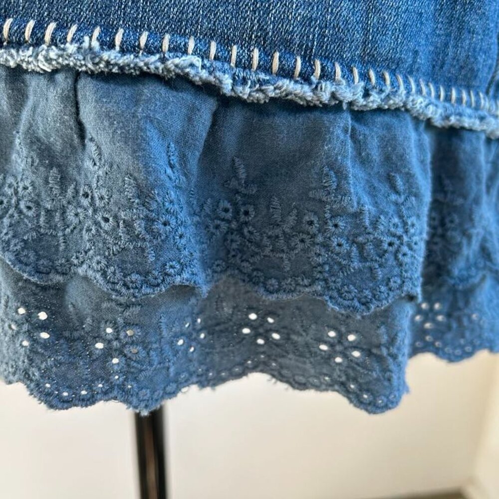 Twik Denim Mini Skirt With Dusty Blue Lace Hem And Paisley‑Lined Pockets – US 8 - Picture 5 of 9